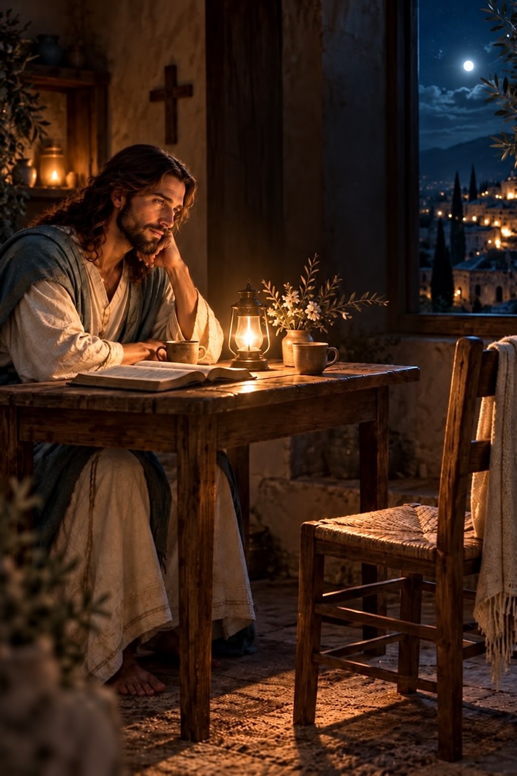Jesús situr við kertaljós og auður stóll bíður við borðið.
